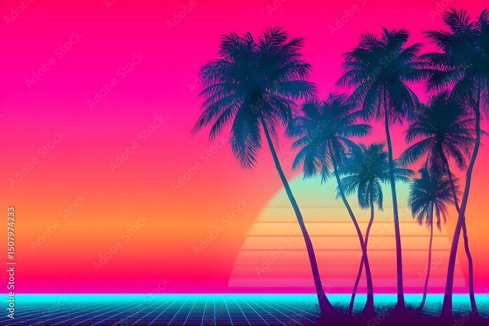 Naklejka premium Vivid retro wave gradient featuring a sunset with palm trees, evoking a nostalgic beach vibe.