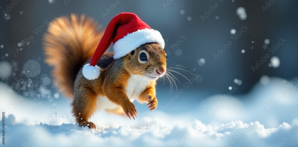 Agile squirrel in Santa hat, airborne against snowy scene, cute, animal Agile squirrel in Santa hat, airborne against snowy scene, cute, animal