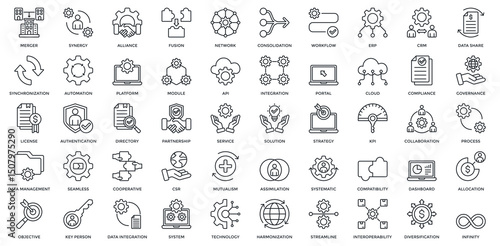 Business Integration icon set. Containing merger, synergy, alliance, network, workflow, ERP, CRM. Outline style