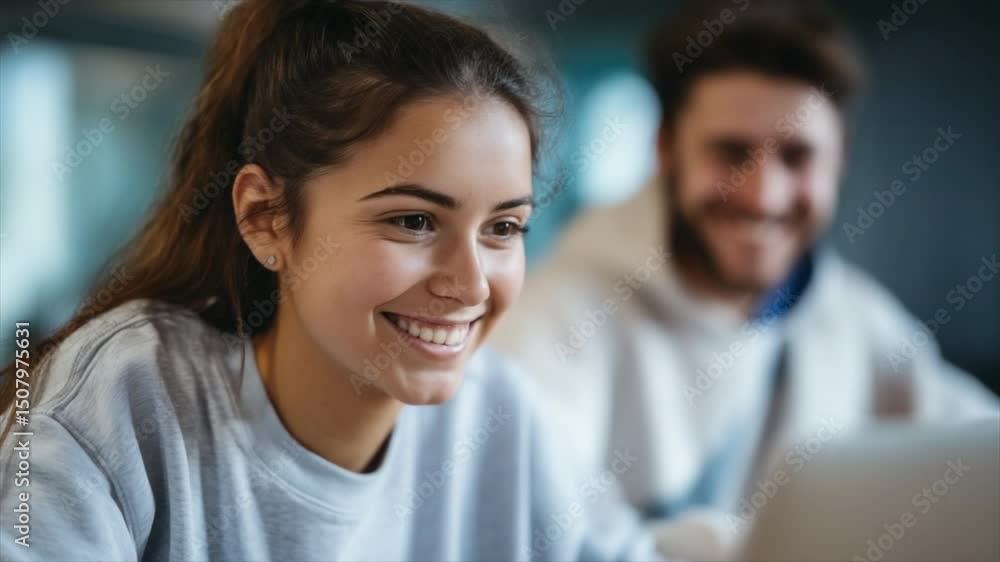 Close up of two young, happy people working together on a laptop in a modern office Close up of two young, happy people working together on a laptop in a modern office