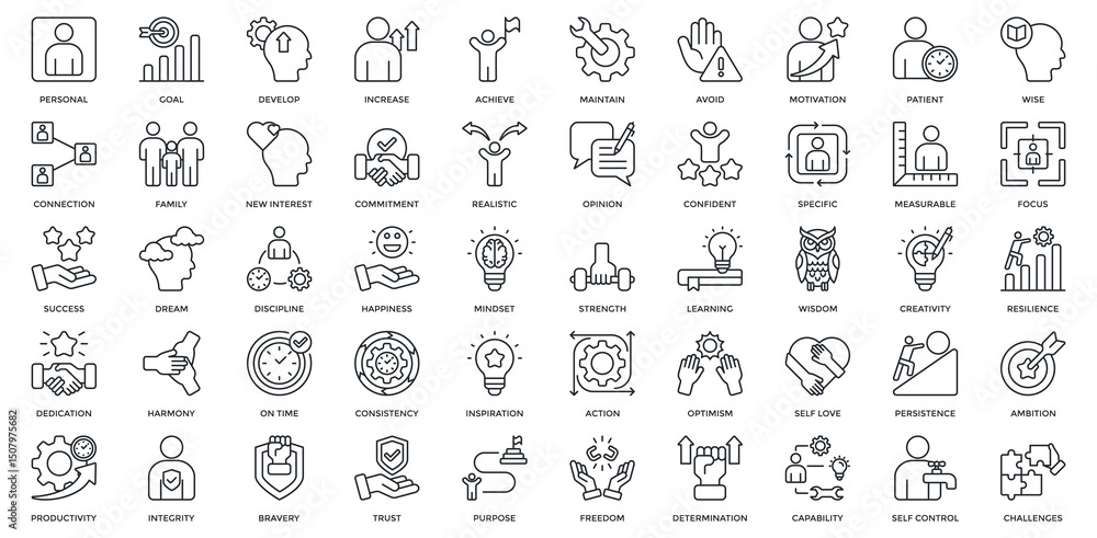 Personal Goal icon set. Containing personal, goal, develop, increase, achieve, new interest, commitment, realistic. Outline style Personal Goal icon set. Containing personal, goal, develop, increase, achieve, new interest, commitment, realistic. Outline style