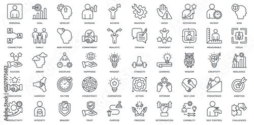Personal Goal icon set. Containing personal, goal, develop, increase, achieve, new interest, commitment, realistic. Outline style