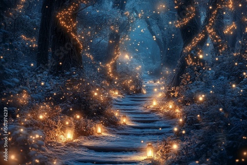 Lantern-lit trail weaving through a frosted forest glowing softly under the pale moonlight, Generative AI