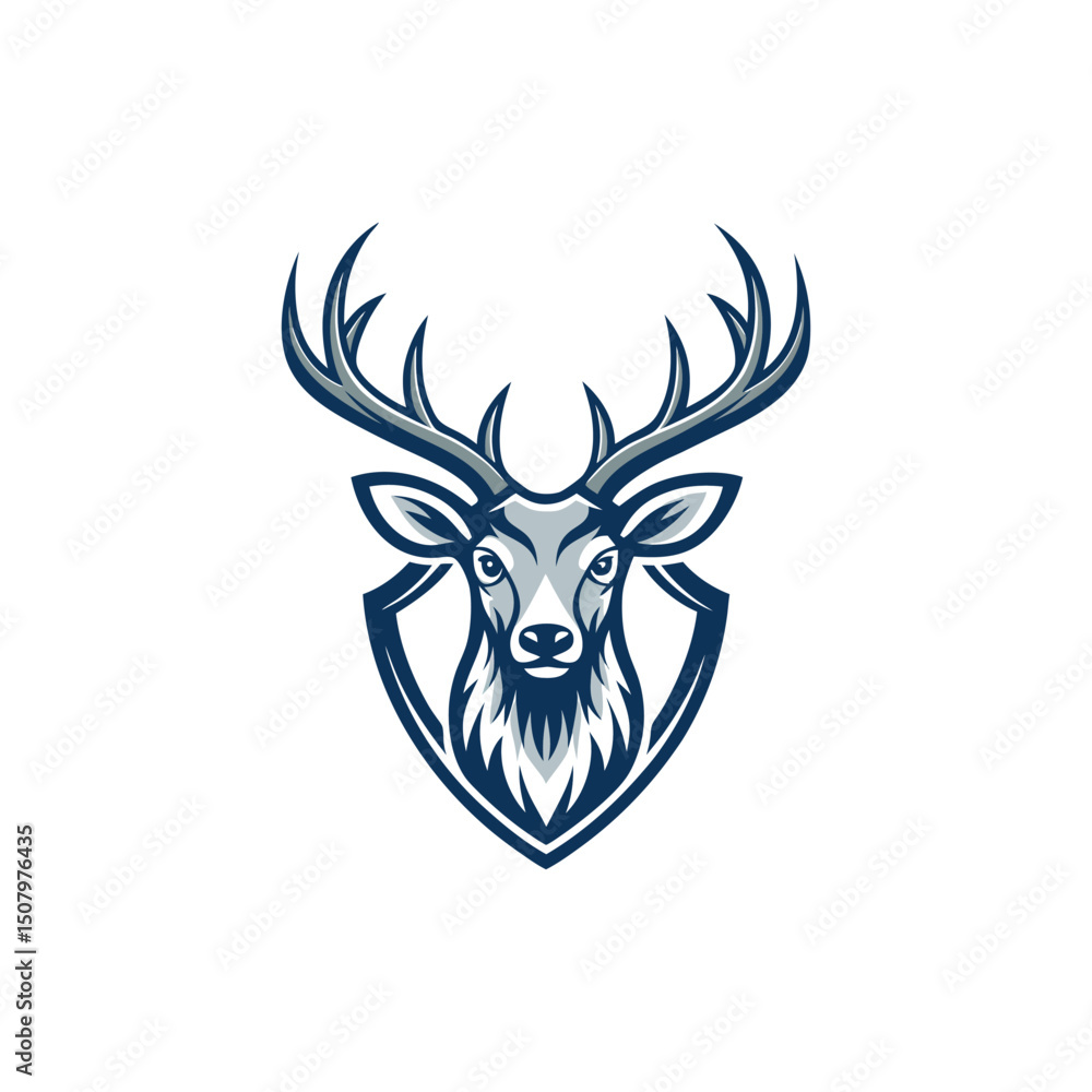 Fototapeta premium A minimalist deer iconic logo design Black and white illustration, deer head silhouette, majestic antlers, minimalist design, elegant profile, stylized wildlife art, sharp contrast, vector graphic, 