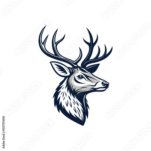 A minimalist deer iconic logo design Black and white illustration, deer head silhouette, majestic antlers, minimalist design, elegant profile, stylized wildlife art, sharp contrast, vector graphic, 