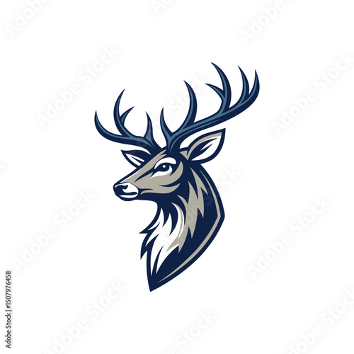 A minimalist deer iconic logo design Black and white illustration, deer head silhouette, majestic antlers, minimalist design, elegant profile, stylized wildlife art, sharp contrast, vector graphic, 
