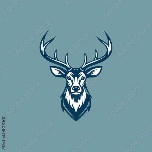 A minimalist deer iconic logo design Black and white illustration, deer head silhouette, majestic antlers, minimalist design, elegant profile, stylized wildlife art, sharp contrast, vector graphic, 