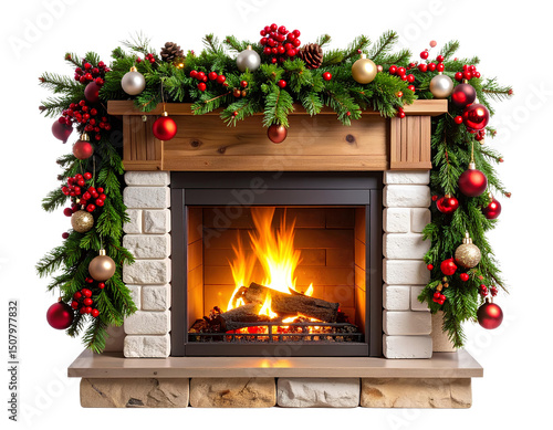 3D Rendered Rustic Fireplace with Festive Pine Garland and Ornaments, Isolated on White