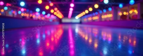 Roller rink with colorful lights reflecting on the smooth floor, dark, pattern