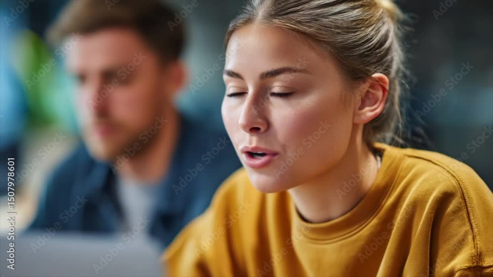 Close up of two young, happy people working together on a laptop in a modern office Close up of two young, happy people working together on a laptop in a modern office