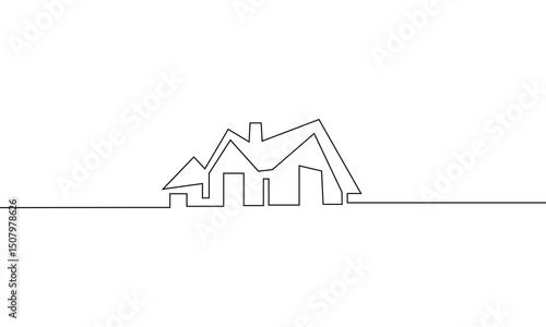 Continuous line drawing of exterior appearance of the front of the house with a roof. Modern. Townhouse building apartment. Home facade with doors and windows. house, roof, real estate . EPS 20 . 
