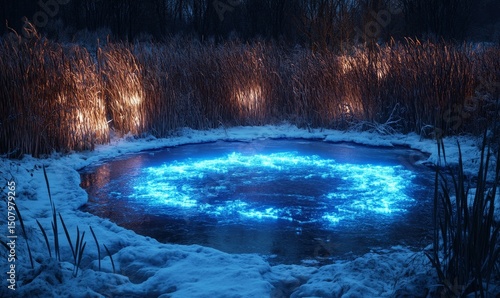 Aurora reflecting in the icy surface of a tranquil frozen pond surrounded by glowing reeds, Generative AI