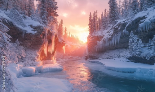 Frozen canyon glowing softly as sunlight filters through frosted cliffs and snow-laden trees, Generative AI