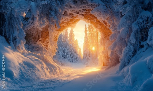 Frozen canyon glowing softly as sunlight filters through frosted cliffs and snow-laden trees, Generative AI