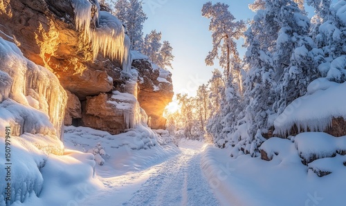Frozen canyon glowing softly as sunlight filters through frosted cliffs and snow-laden trees, Generative AI