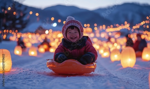 Children sledding joyfully under a clear blue sky surrounded by softly glowing lanterns, Generative AI