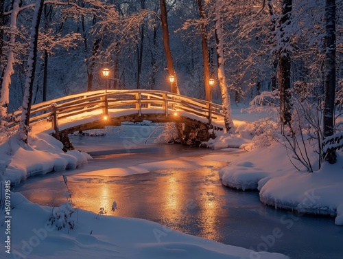 Lantern-lit wooden bridge glowing warmly as it spans a serene frozen stream in the forest, Generative AI