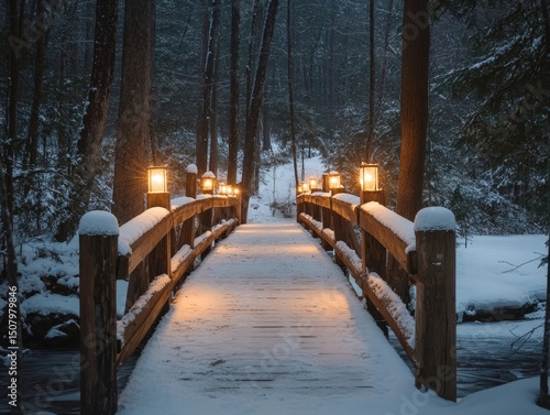 Lantern-lit wooden bridge glowing warmly as it spans a serene frozen stream in the forest, Generative AI