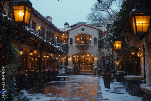 Lantern-lit courtyard bustling with holiday cheer as snowflakes gently drift down, Generative AI