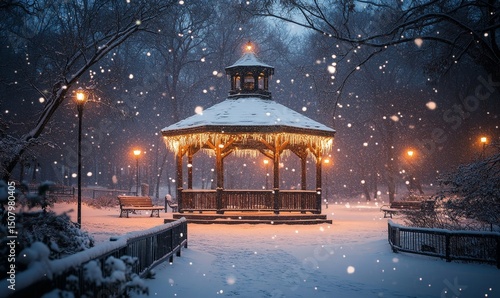 Lantern-lit gazebo glowing in the center of a snow-covered park surrounded by softly falling flakes, Generative AI