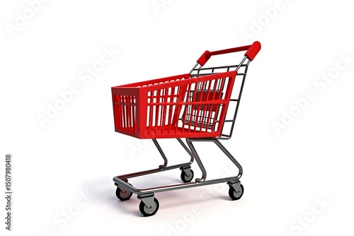 Red shopping cart isolated on white background, ready for grocery shopping