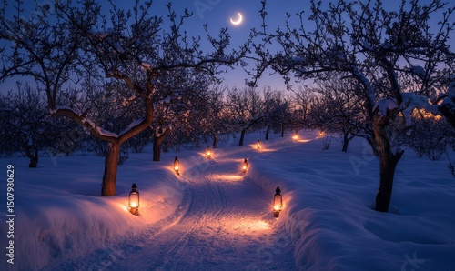 Lantern-lit trail curving through a snow-covered orchard under the glow of a crescent moon, Generative AI
