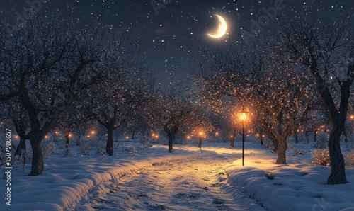 Lantern-lit trail curving through a snow-covered orchard under the glow of a crescent moon, Generative AI