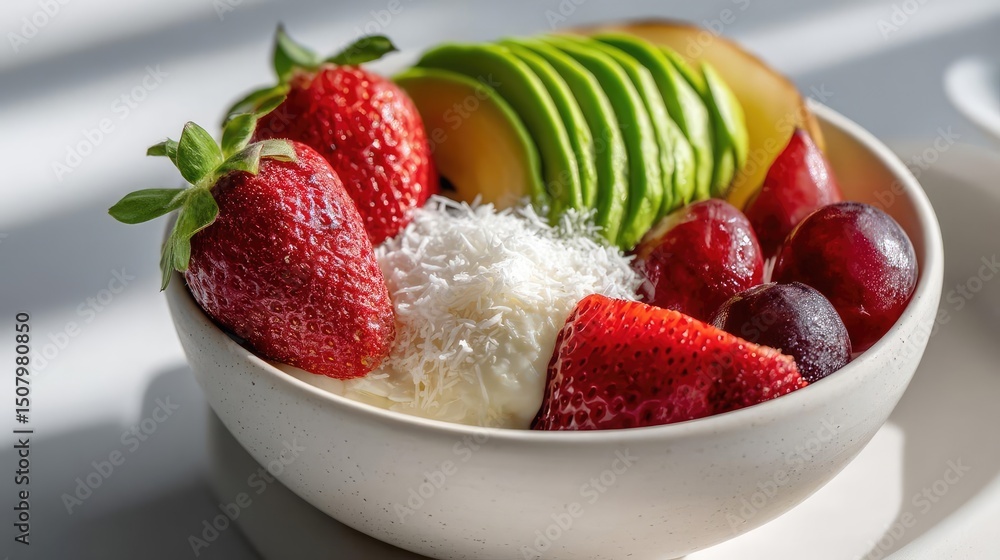 Healthy smoothie bowl topped with granola and sweet banana concept. A vibrant bowl of fresh fruit and creamy coconut delight. Healthy smoothie bowl topped with granola and sweet banana concept. A vibrant bowl of fresh fruit and creamy coconut delight.