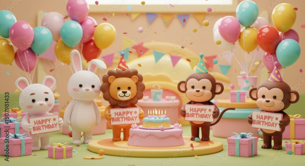 Birthday celebration with cartoon animals around a cake digital illustration for children