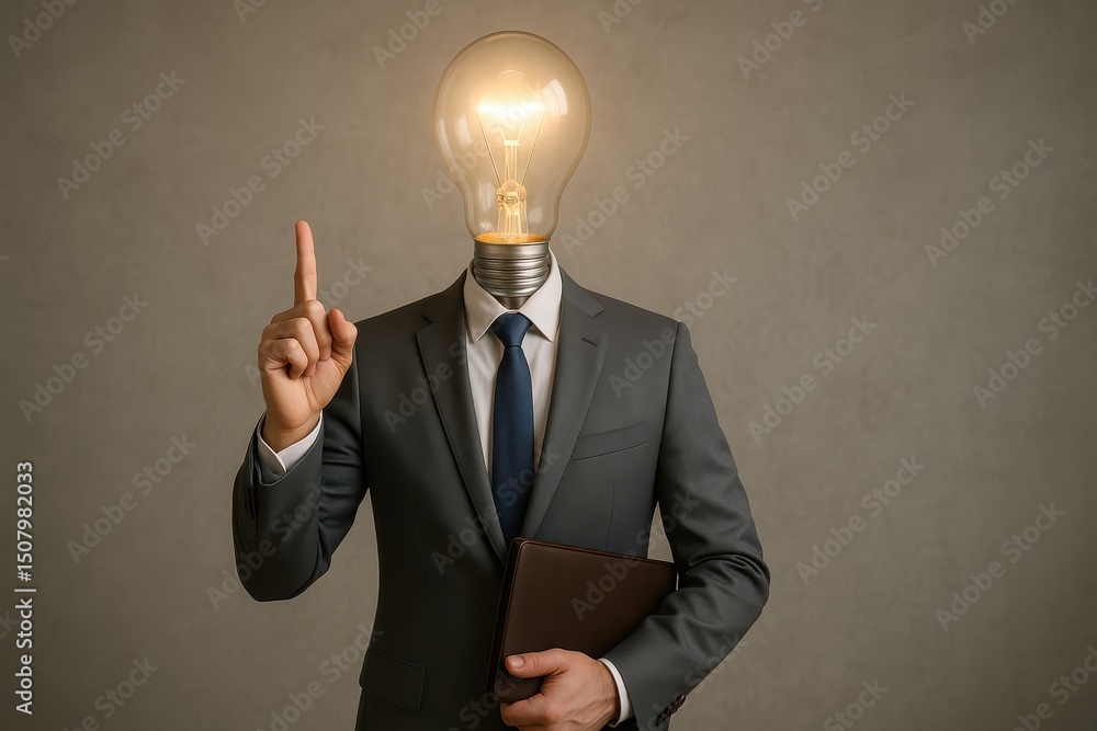 Businessman with Lightbulb Head Pointing Upward, Grey Suit and Brown Portfolio, Studio Shot Businessman with Lightbulb Head Pointing Upward, Grey Suit and Brown Portfolio, Studio Shot