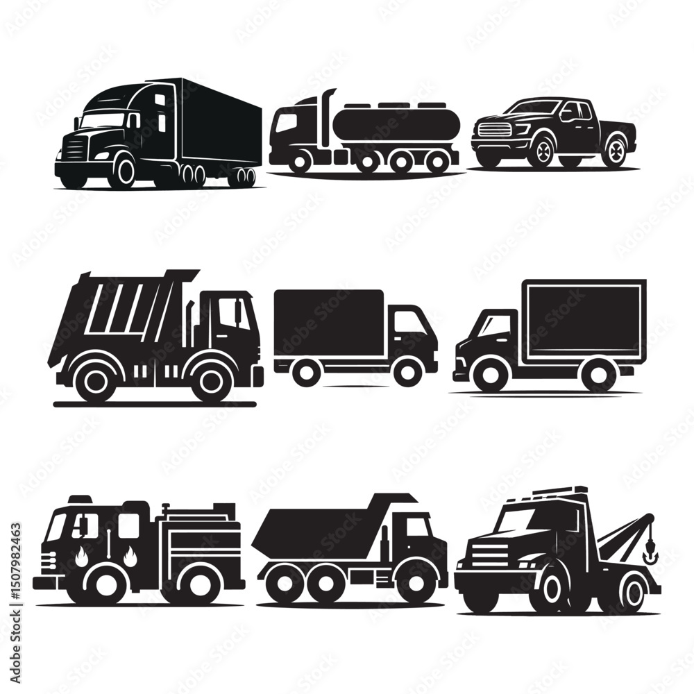 Black and White Silhouette Illustration of Various Vehicles Black and White Silhouette Illustration of Various Vehicles