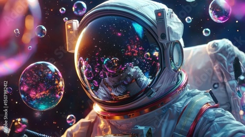 Close up view of an astronaut s helmet faceplate reflecting a mesmerizing otherworldly scene of colorful bubbles cosmic clouds and the vastness of the universe beyond