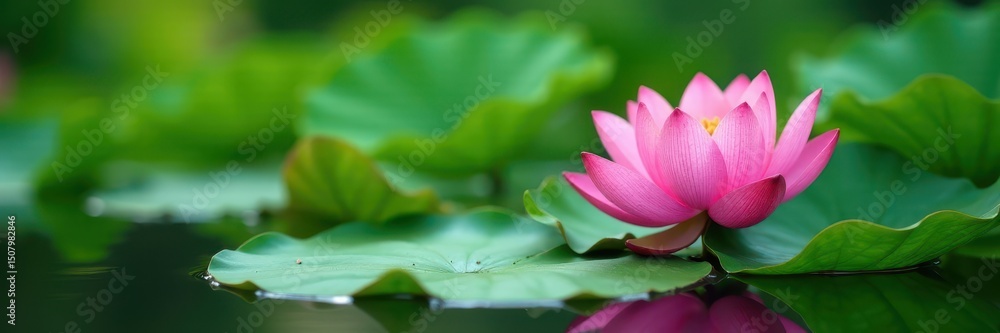 Green lotus leaves afloat, pink blooms emerge from lake, image, freshwater Green lotus leaves afloat, pink blooms emerge from lake, image, freshwater