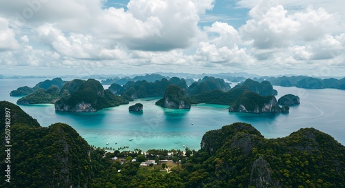 blue sky with clouds over lake.Aerial Panorama of Tropical Islands in Thailand: A Paradise Destination.