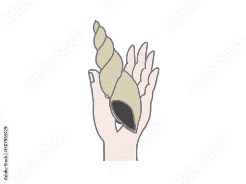 Illustration of a conch shell held in the hand of a Buddha statue