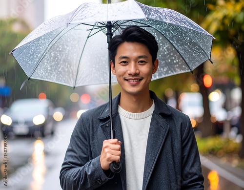Smiling man under transparent umbrella on rainy city street