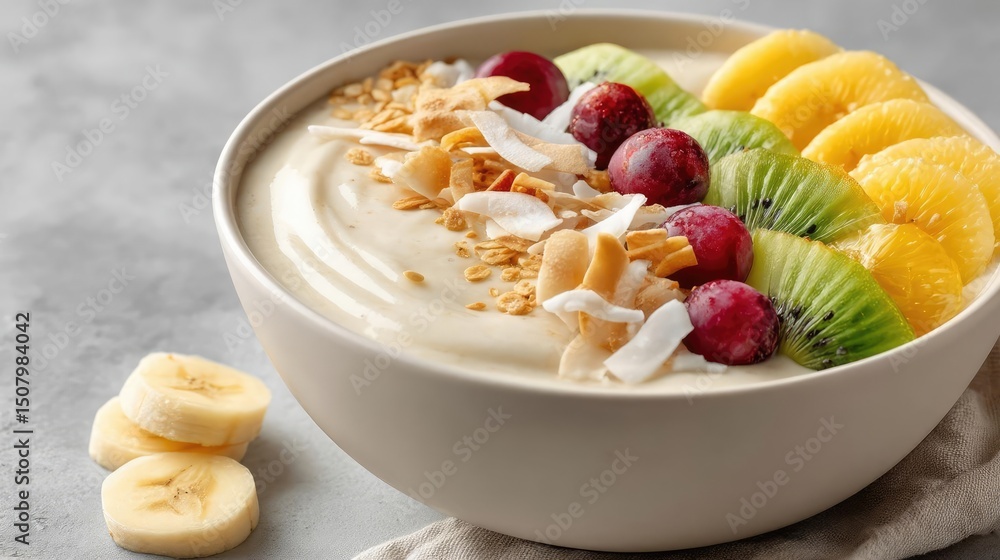 Healthy smoothie bowl topped with granola and sweet banana concept. Delicious yogurt bowl topped with fresh fruits and nuts. Healthy smoothie bowl topped with granola and sweet banana concept. Delicious yogurt bowl topped with fresh fruits and nuts.