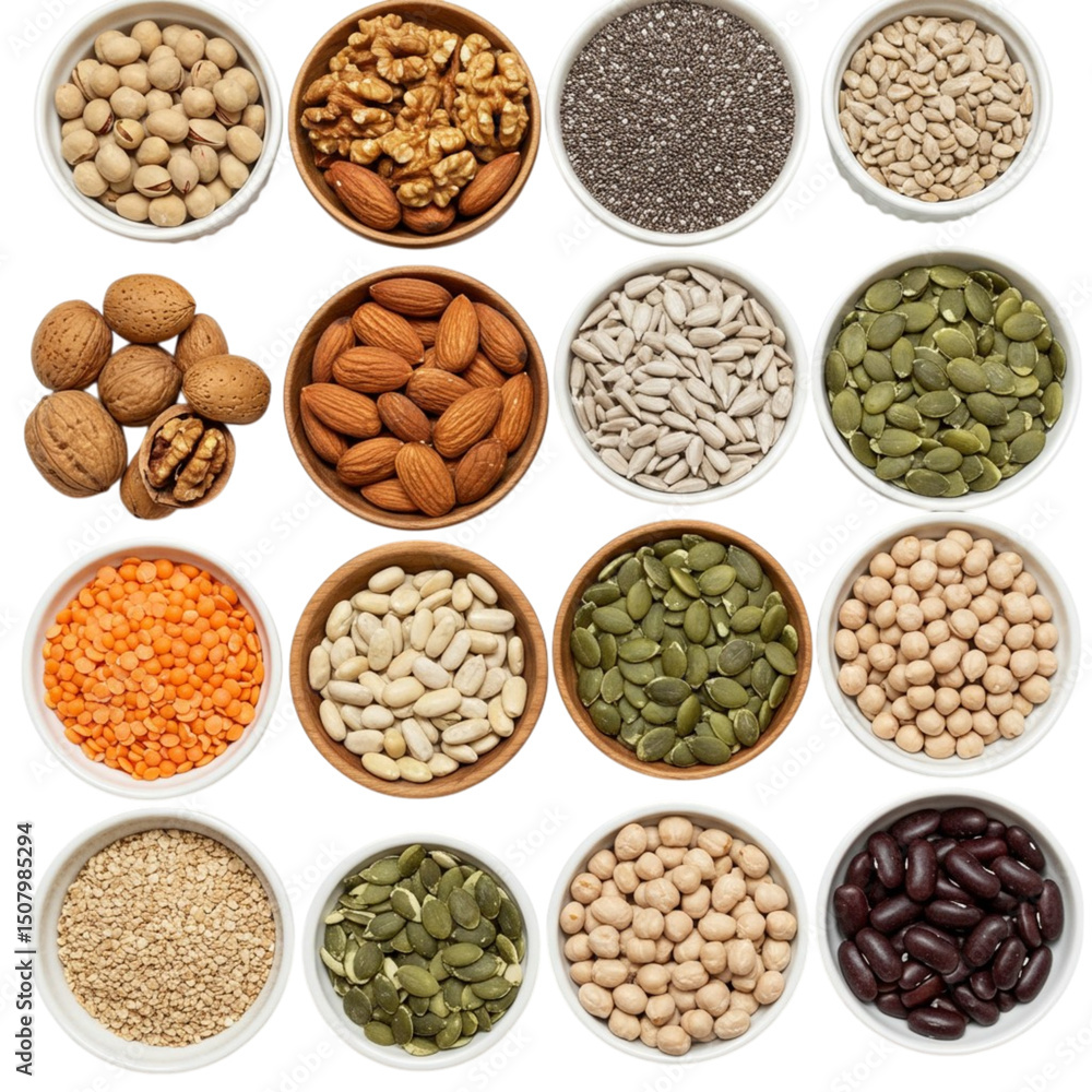 Set of natural food high in protein isolated on white background. Set of natural food high in protein isolated on white background.