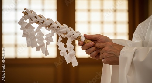 幣束を持つ神職の手元