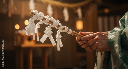 幣束を持つ神職の手元