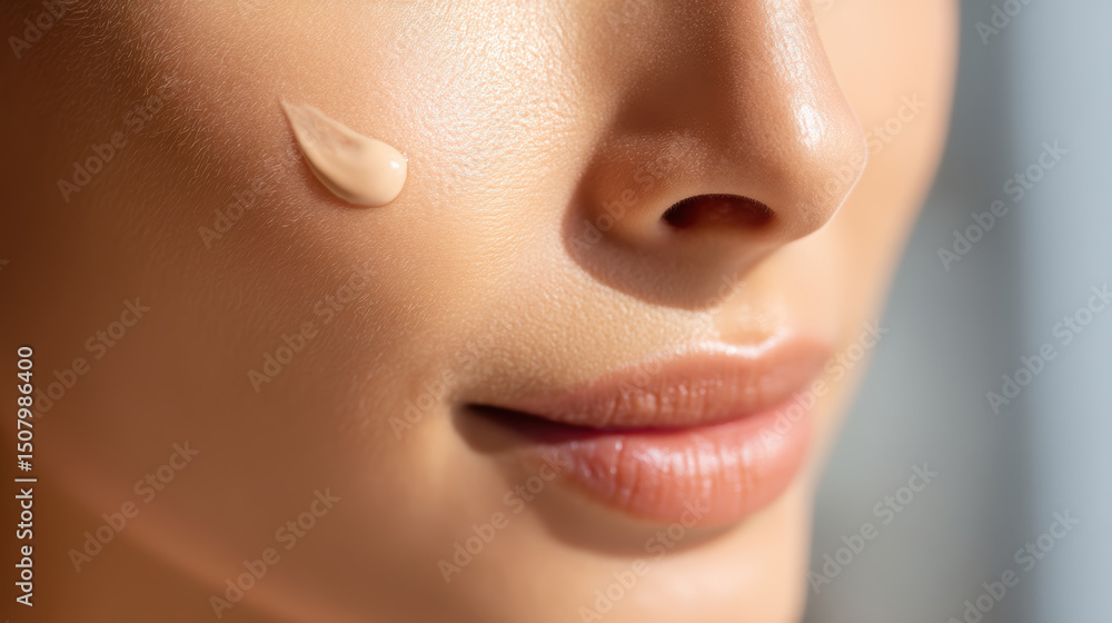 Fototapeta premium Close up of woman applying sunscreen on her face showing uv protection and smooth barrier for healthy skin care