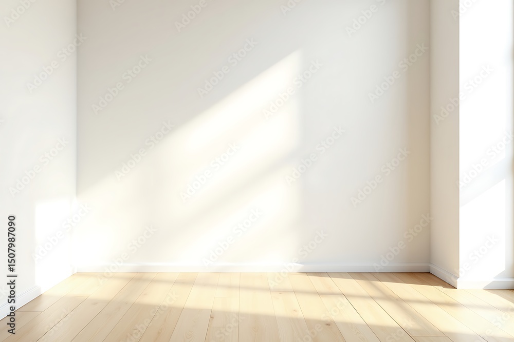 Fototapeta premium Empty room with wooden floor and white walls illuminated by natural light
