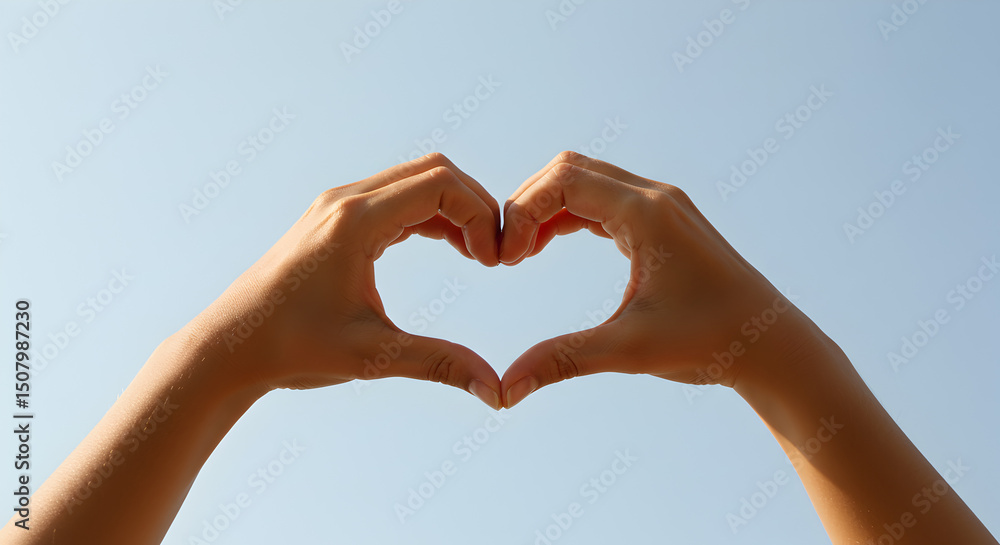 Fototapeta premium Heart Shape Hands: A Symbol of Love Against a Clear Blue Sky