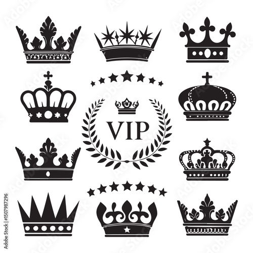 A set of black silhouette crown vector art collection