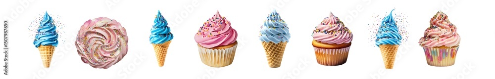 Obraz premium set of Assorted colorful cupcakes and ice cream treats on a white background.