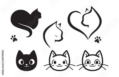 Cute Black Cat Silhouettes and Paw Print Icons Collection - vector illustration