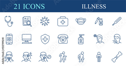 set of medical icons
Common Illnesses Line Editable Icons set. Vector illustration in modern thin line style of diseases icons: Viruses, flu, and more. Pictograms and infographics