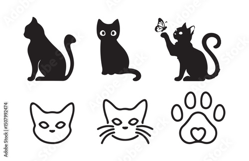 Black Cat Silhouettes in Various Poses – Vector Collection