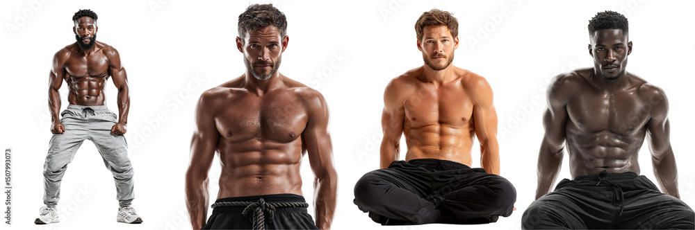 Fototapeta premium Determined Male Athlete Performing Various Fitness Poses with Strong Physique