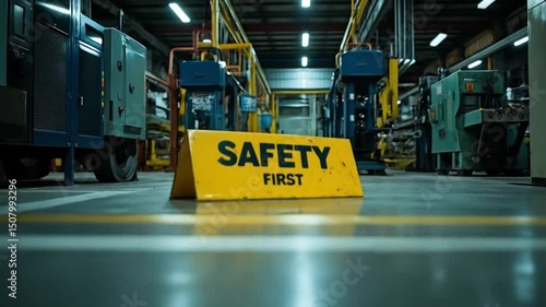 Bright yellow sign boldly displays safety first for workplace awareness
